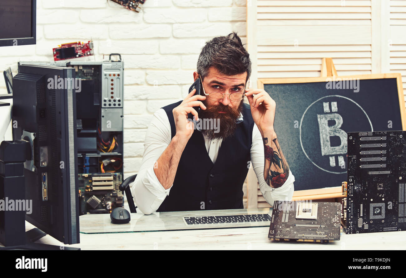 Contact Us Bitcoin Miner Man Talk On Phone In Server Room Crypto - 